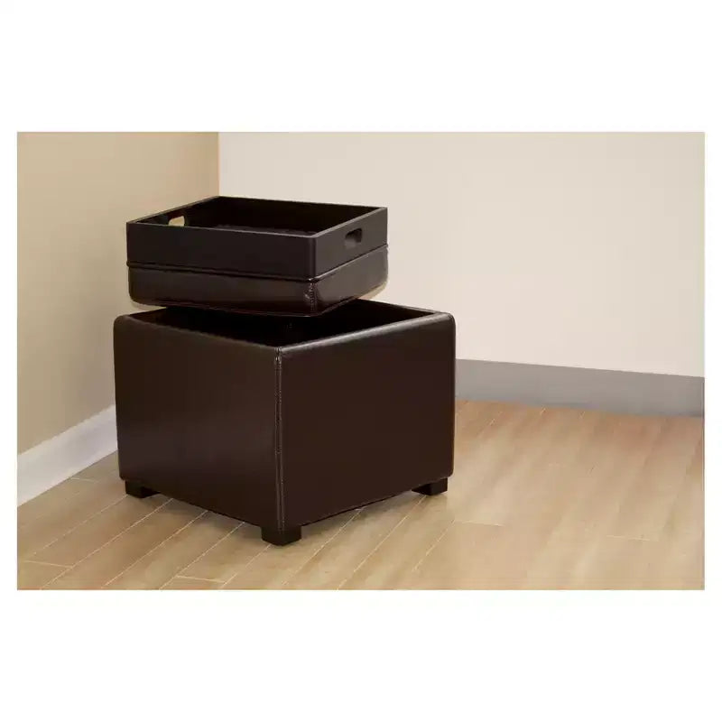 Square Storage Ottoman with Flip-Top Tray – Dark Brown Faux Leather