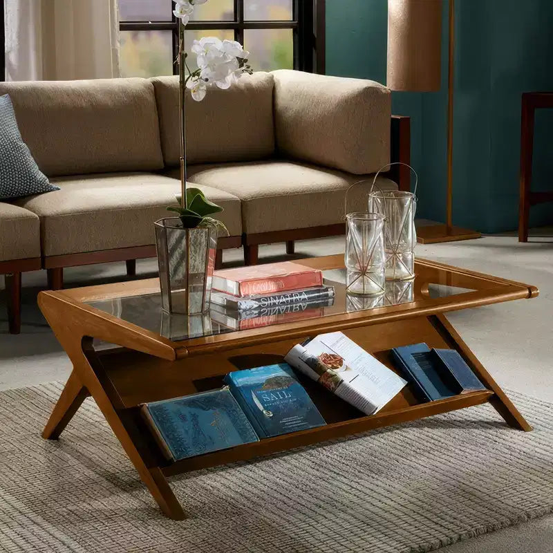 Coffee Table with Tempered Glass Top - Pecan
