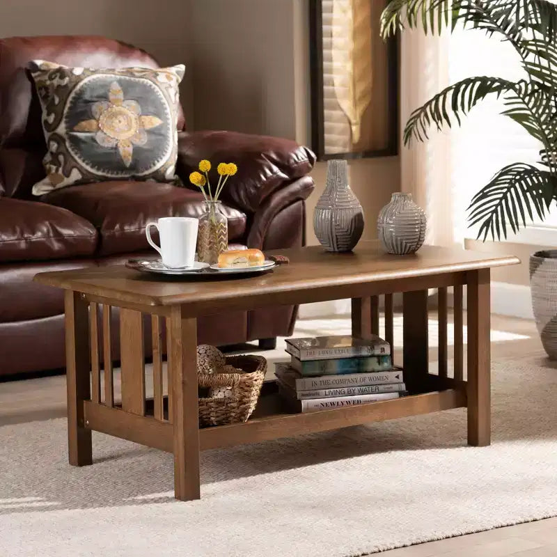 Rectangular Wood Coffee Table with Lower Shelf - Brown
