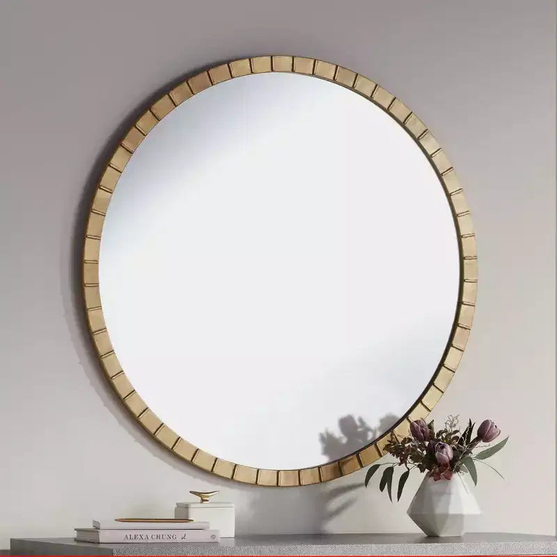 Round Wall Mirror with Gold Leaf Iron Frame, 34 Inch – for Bathroom, Bedroom, Living Room