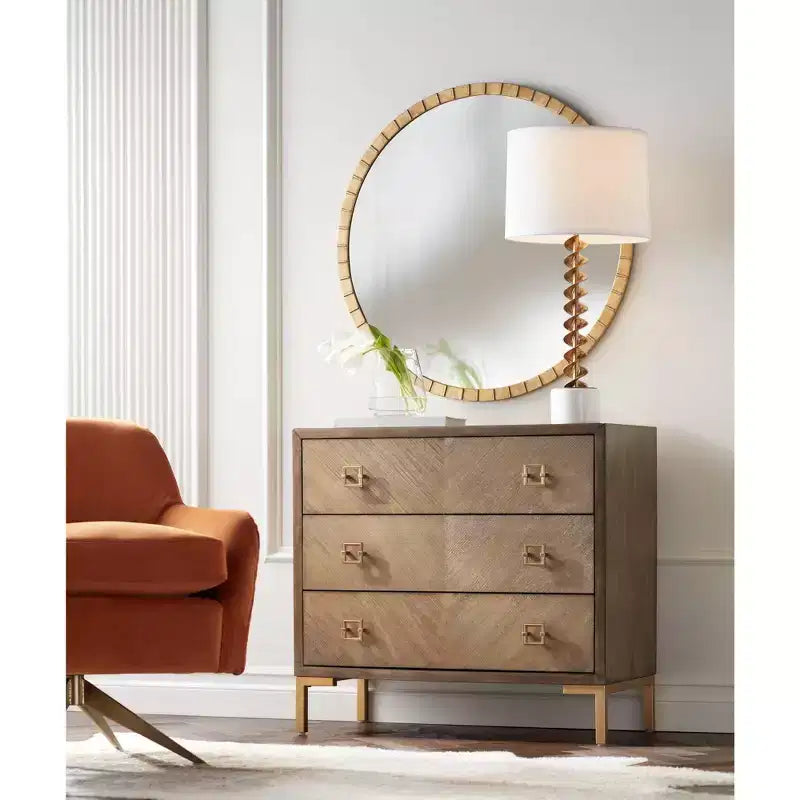 Round Wall Mirror with Gold Leaf Iron Frame, 34 Inch – for Bathroom, Bedroom, Living Room