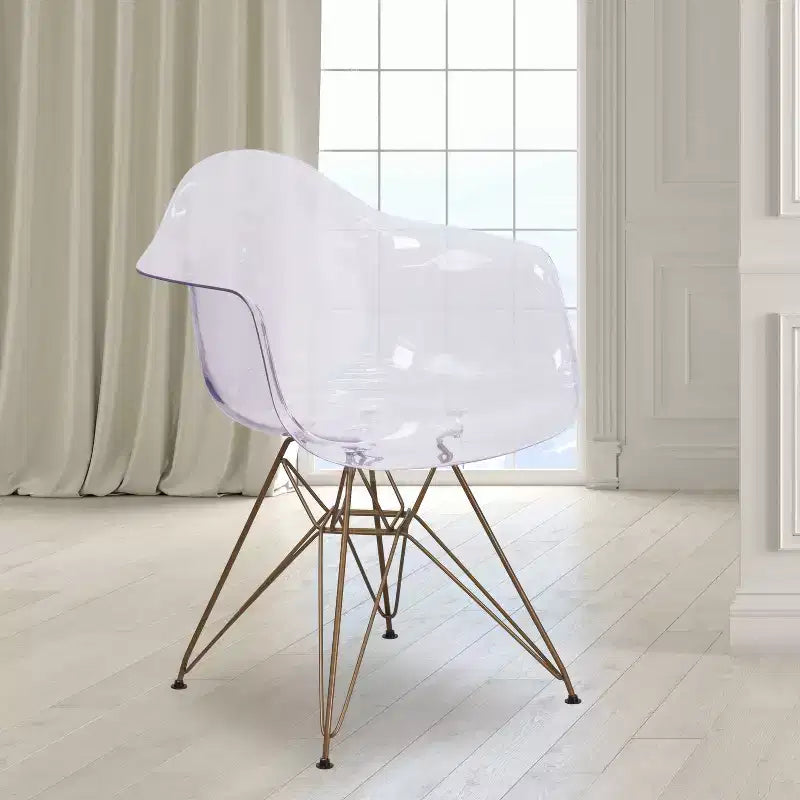 Transparent Side Chair with Arms and Gold Metal Base