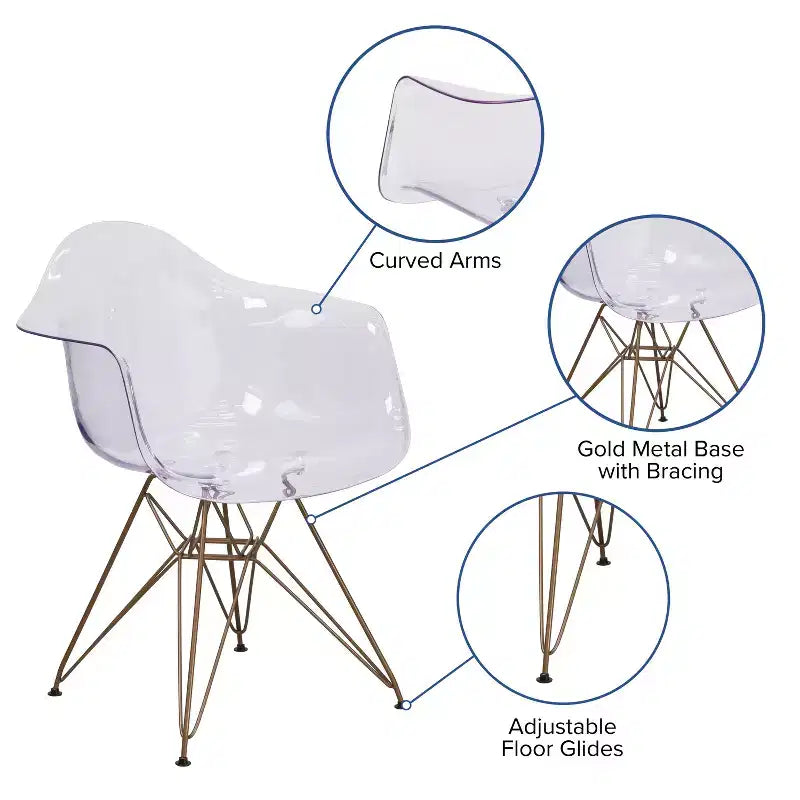Transparent Side Chair with Arms and Gold Metal Base