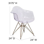 Transparent Side Chair with Arms and Gold Metal Base