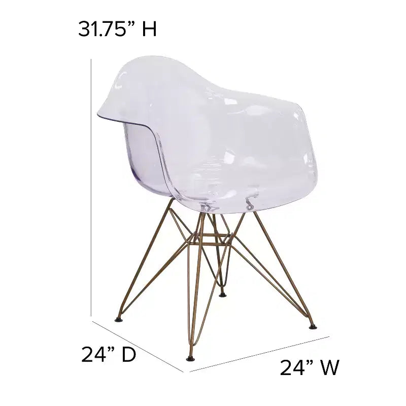 Transparent Side Chair with Arms and Gold Metal Base