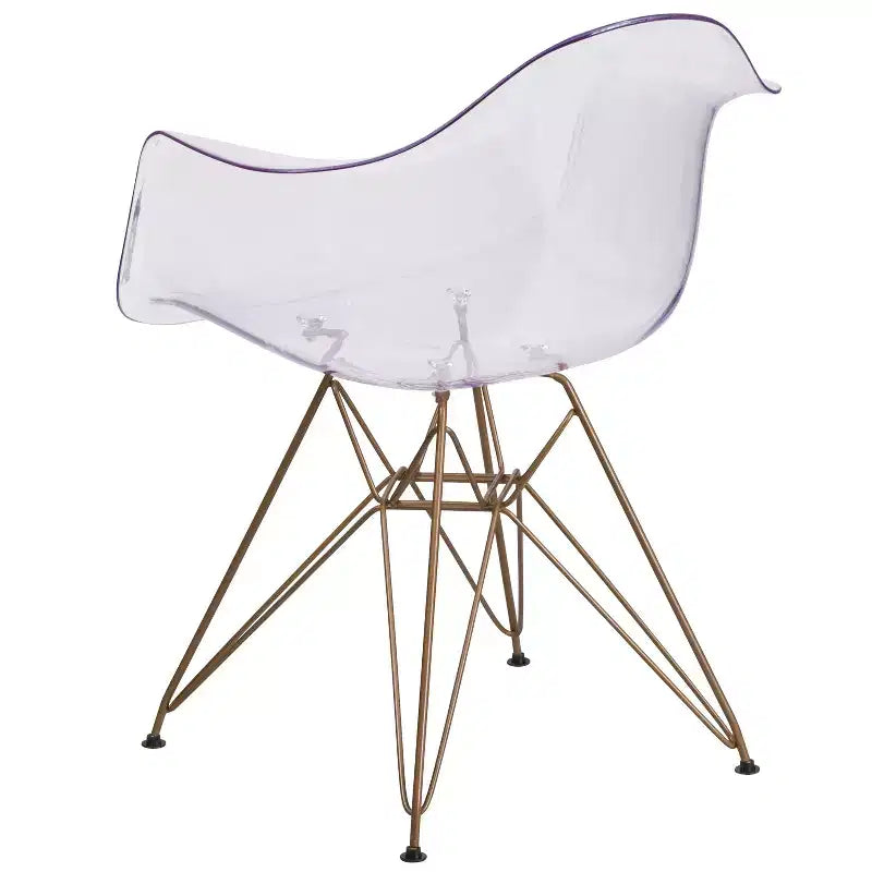 Transparent Side Chair with Arms and Gold Metal Base