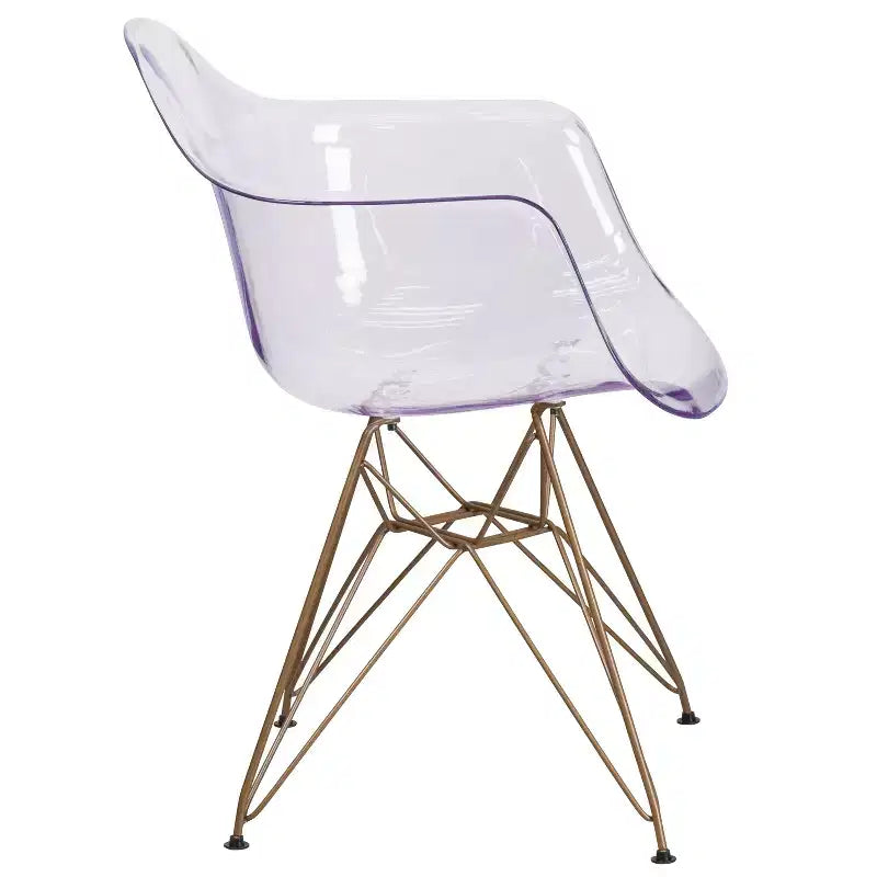Transparent Side Chair with Arms and Gold Metal Base