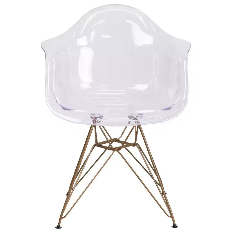 Transparent Side Chair with Arms and Gold Metal Base