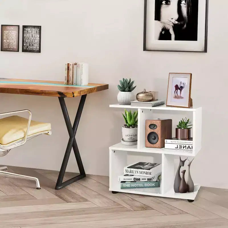 2-Tier S-Shaped Bookshelf and Storage Rack with Thick Foot Mats