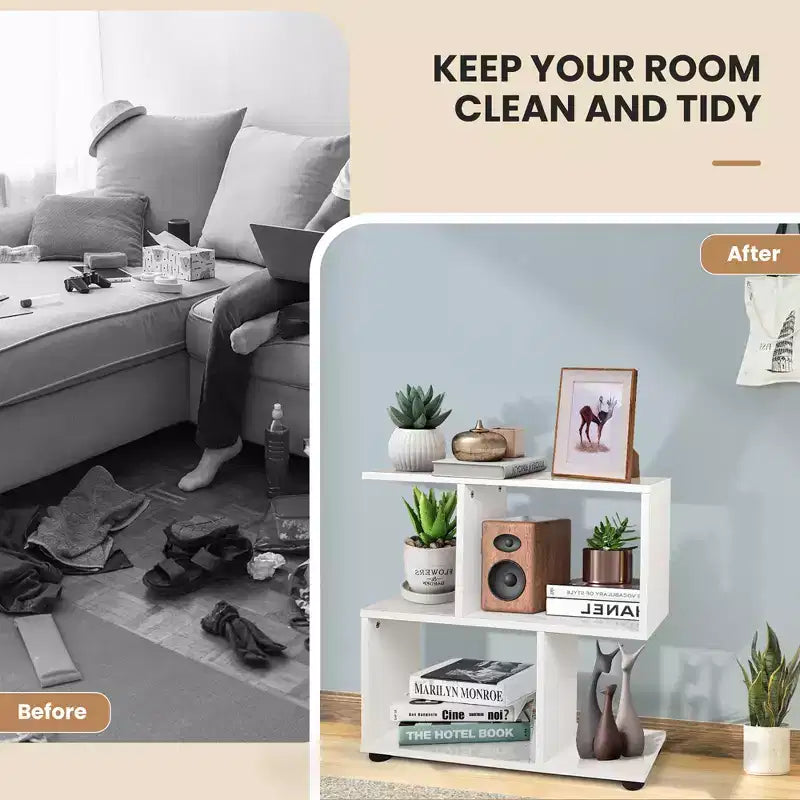 2-Tier S-Shaped Bookshelf and Storage Rack with Thick Foot Mats