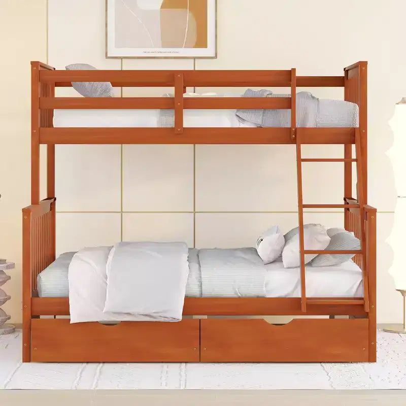 Twin over Full Bunk Bed with Built-in Ladder & Drawers, Pine Wood & MDF Bed Frame, Convertible into Two Beds