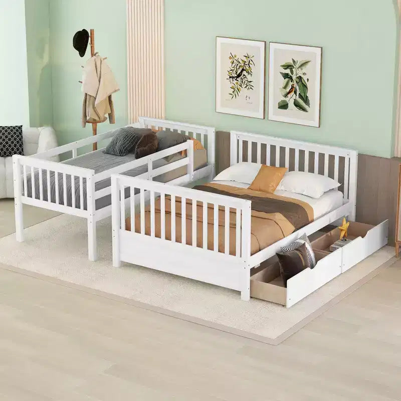 Twin over Full Bunk Bed with Built-in Ladder & Drawers, Pine Wood & MDF Bed Frame, Convertible into Two Beds