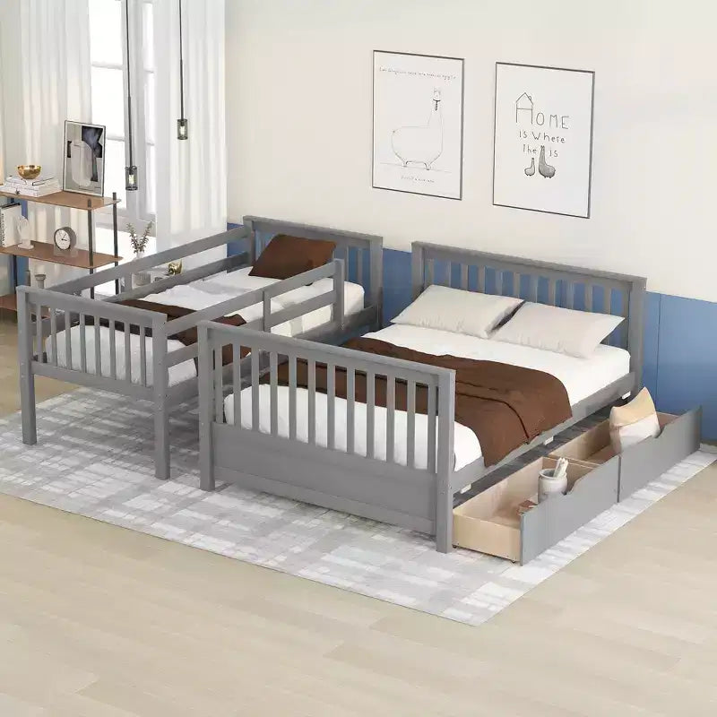 Twin over Full Bunk Bed with Built-in Ladder & Drawers, Pine Wood & MDF Bed Frame, Convertible into Two Beds