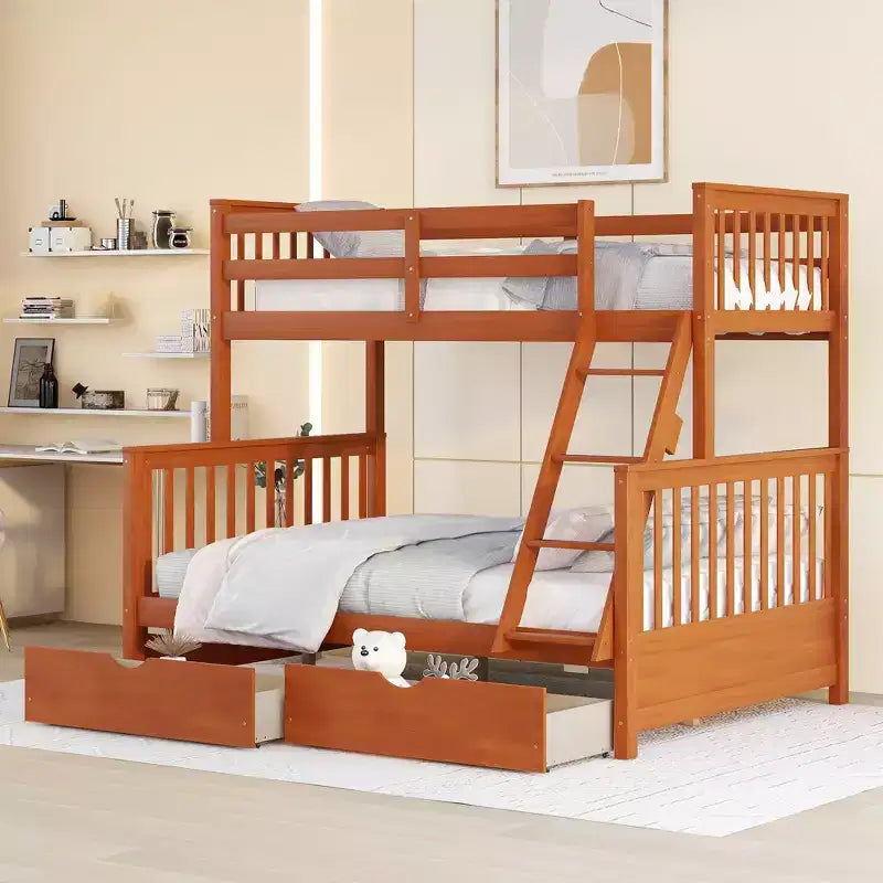 Twin over Full Bunk Bed with Built-in Ladder & Drawers, Pine Wood & MDF Bed Frame, Convertible into Two Beds