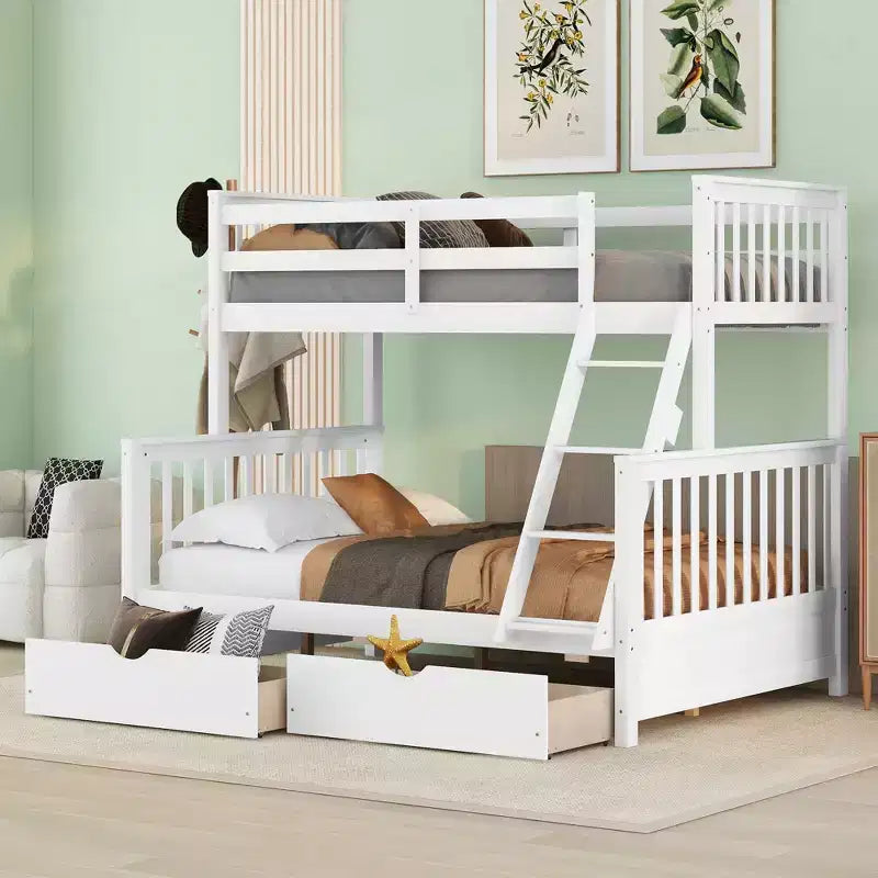 Twin over Full Bunk Bed with Built-in Ladder & Drawers, Pine Wood & MDF Bed Frame, Convertible into Two Beds