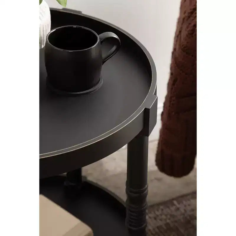 Round Wood Side Table with Two-Tier Shelf