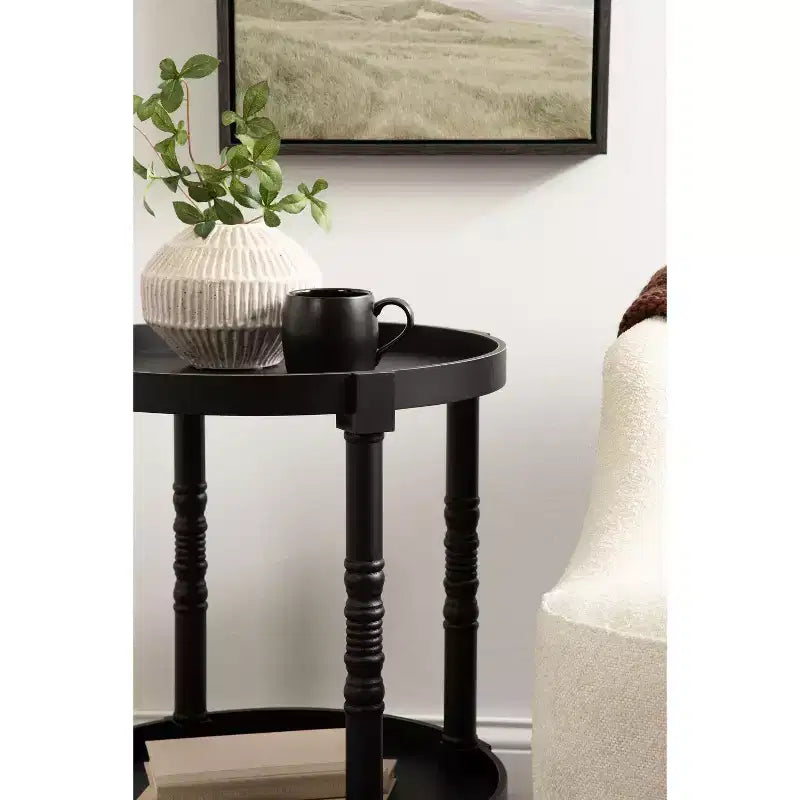 Round Wood Side Table with Two-Tier Shelf