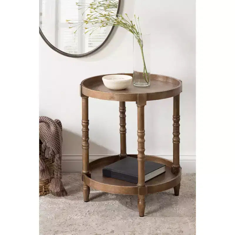 Round Wood Side Table with Two-Tier Shelf