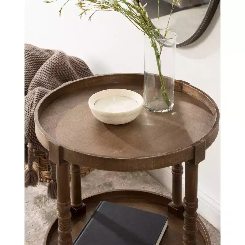 Round Wood Side Table with Two-Tier Shelf