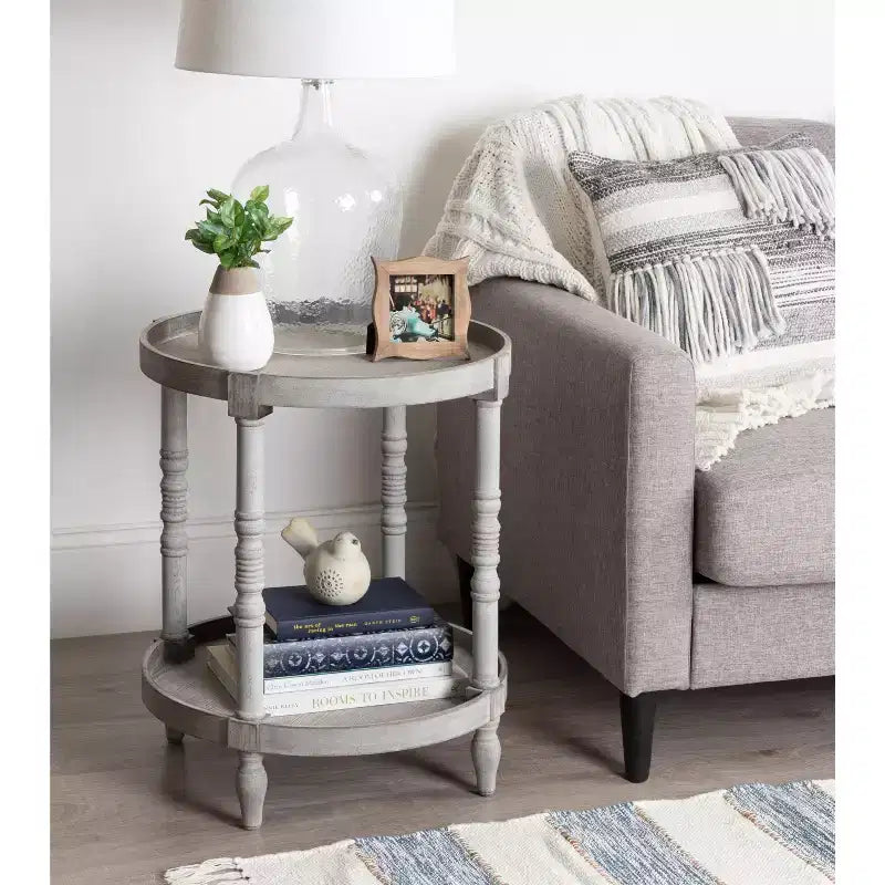 Round Wood Side Table with Two-Tier Shelf